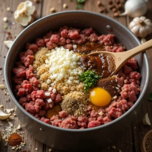 A close-up of a mixing bowl with ground beef, soaked breadcrumbs, onions, garlic, Worcestershire sauce, eggs, and spices being combined with a wooden spoon. Set on a rustic wooden countertop with soft natural lighting, with scattered ingredients adding a homemade touch.