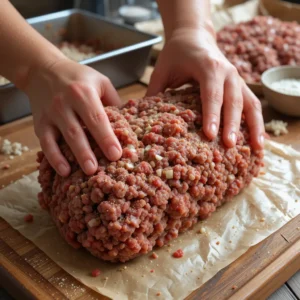 Hands shaping a seasoned ground beef mixture into a firm loaf on a wooden surface, with visible bits of onion and spices. A greased baking pan and parchment-lined sheet sit in the background. Soft natural lighting enhances the rustic, homemade feel, with scattered breadcrumbs and seasoning bowls nearby.