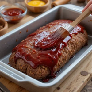 A small bowl of glossy ketchup, brown sugar, and mustard glaze being whisked. A meatloaf in the background, with glaze being brushed on top, in a warm, rustic kitchen with soft lighting.