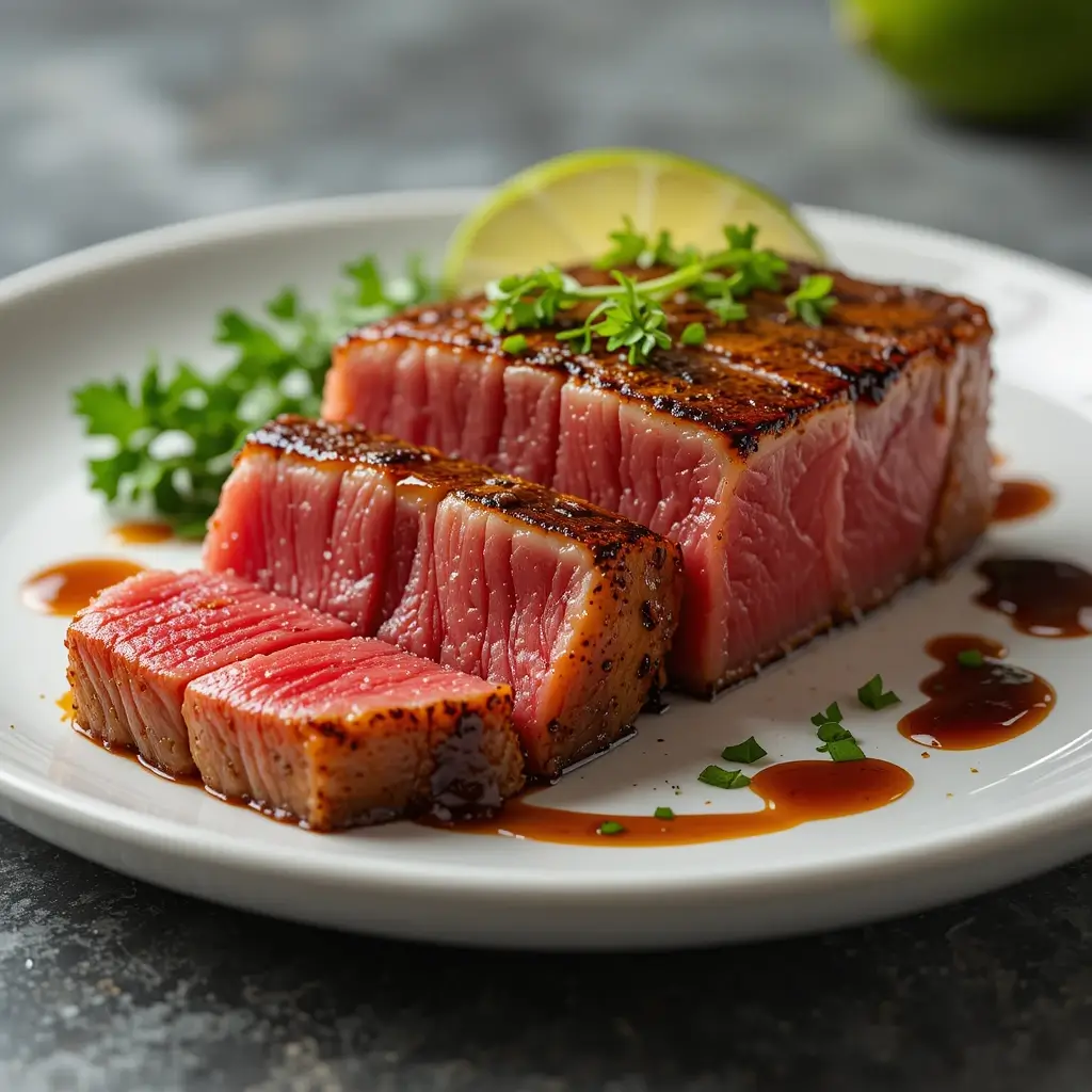 Close-up of a perfectly seared tuna steak on a white plate, with a crispy golden-brown crust and tender pink center. The dish is garnished with soy sauce, fresh herbs, and a slice of lime, set against a softly blurred background.