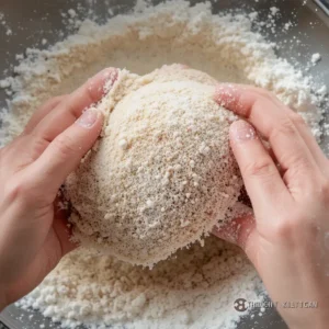 Hands dredging a piece of chicken in a seasoned flour mixture, highlighting the textured coating.