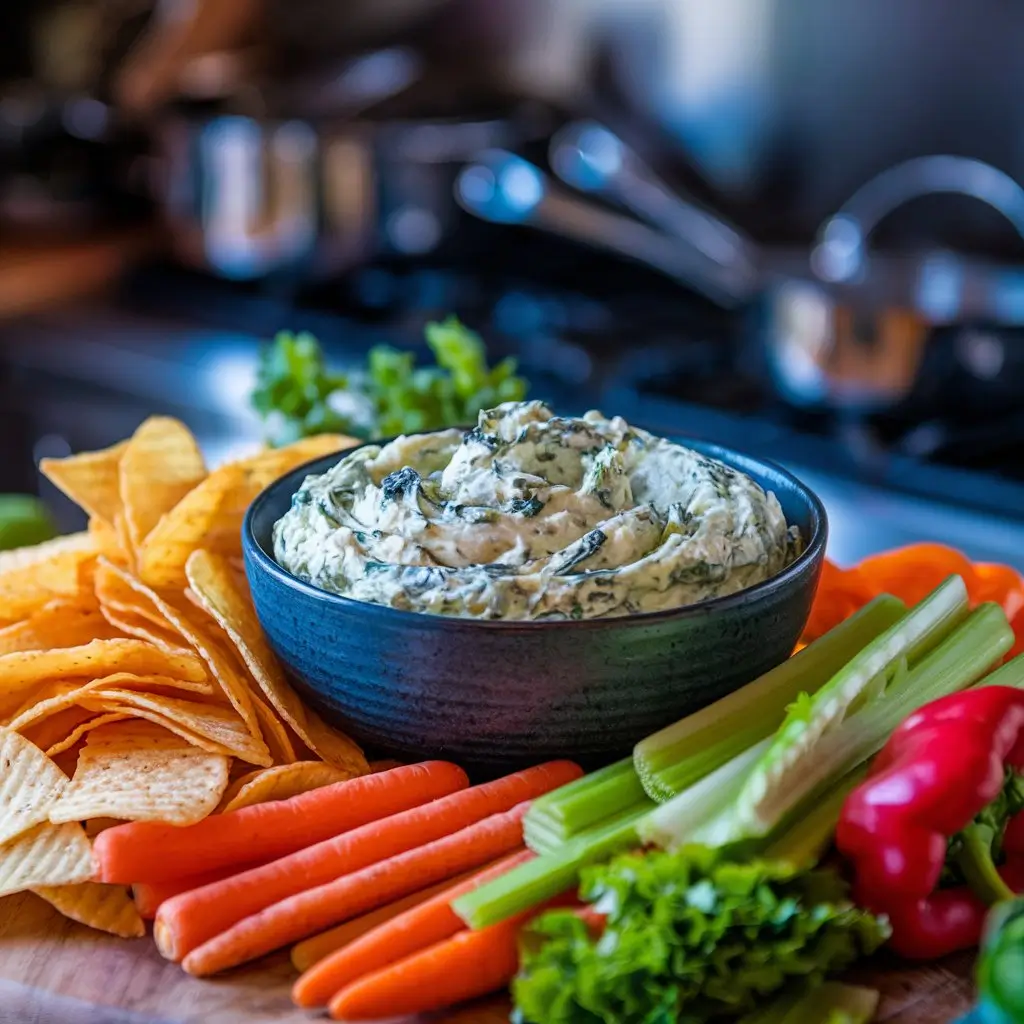 Close-up of a bowl of creamy spinach dip recipe surrounded by crunchy chips and fresh veggie sticks like carrots, celery, and cucumber, perfect for dipping.