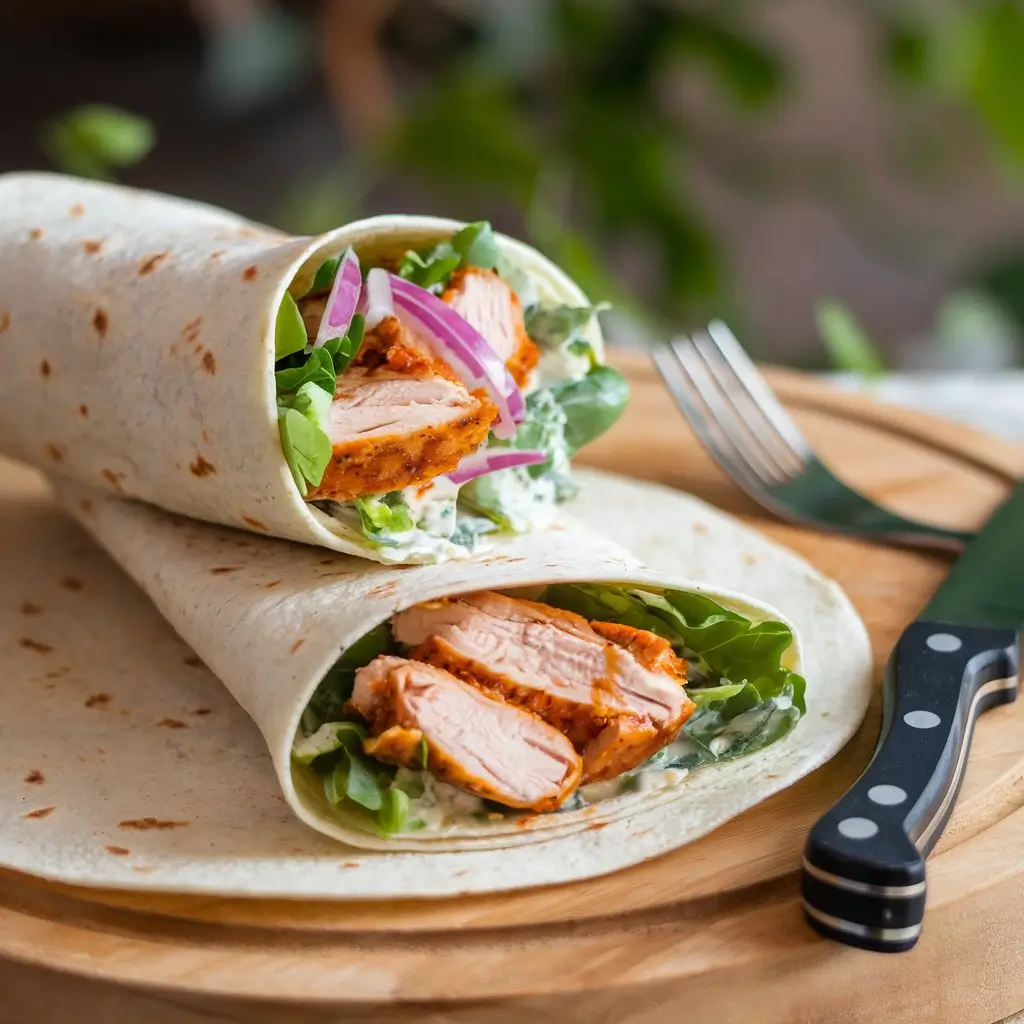 Homemade spicy chicken Caesar wrap being filled with spicy chicken, Caesar salad, and red onion on a wooden board, with a knife and fork beside it and blurred greenery in the background.