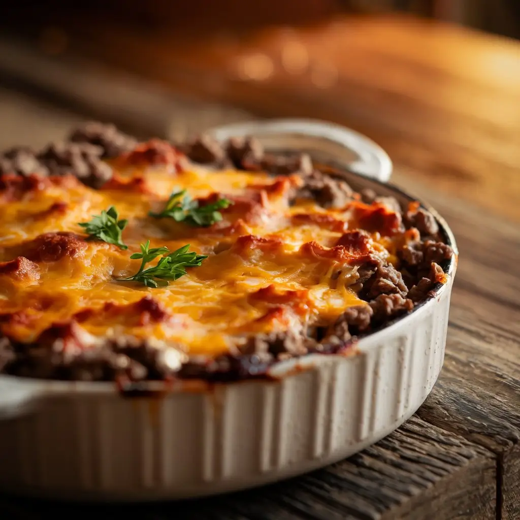 Close-up of a keto ground beef casserole in a white dish, topped with golden melted cheddar and parsley, on a rustic wooden table with warm natural lighting.