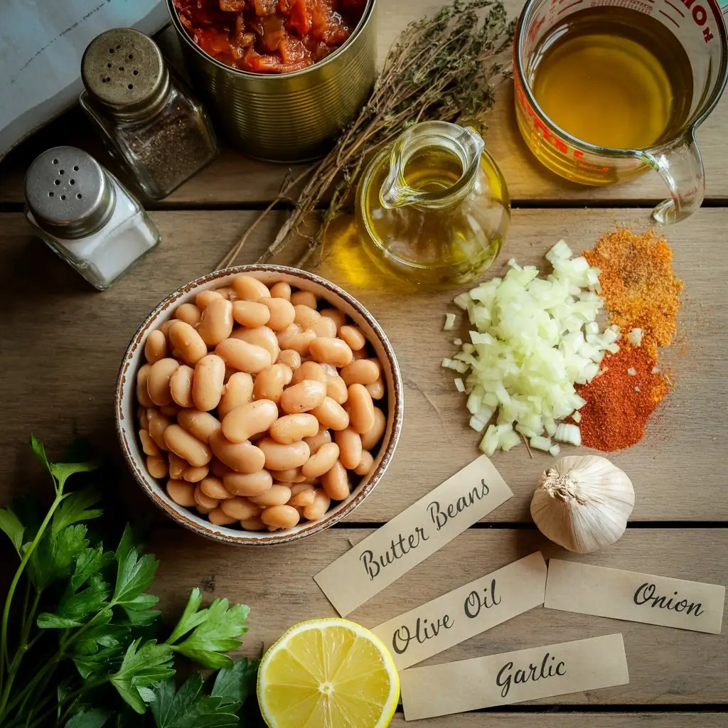 Top-down food-styling shot of labeled rustic parchment tags beside butter beans, olive oil bottle, chopped onion, minced garlic, paprika with chili flakes, dried thyme, crushed tomatoes can, vegetable broth, salt-pepper shakers, fresh parsley, and a halved lemon on a warm-toned wooden countertop.