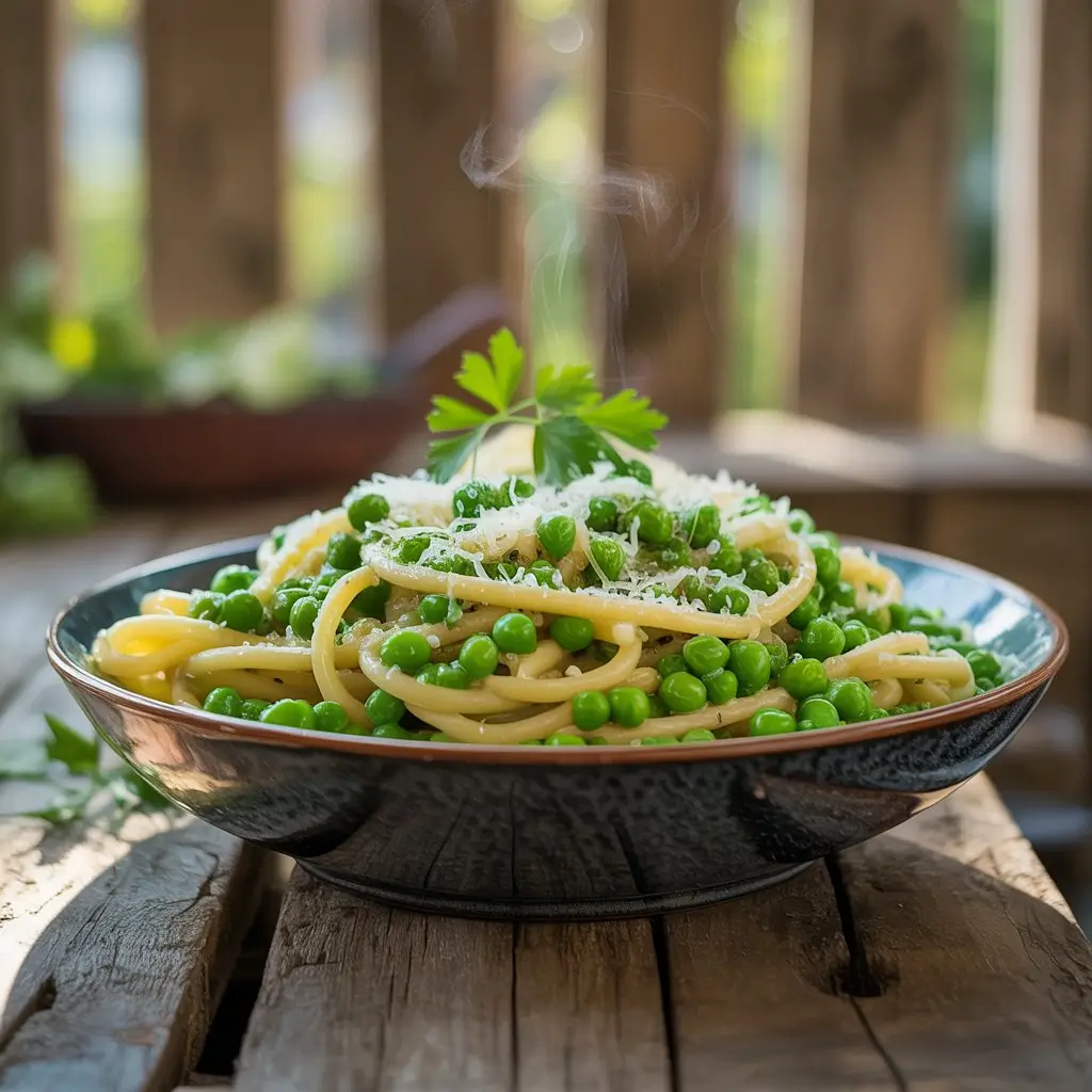 Cozy Italian-style lunch scene with a warm, steaming bowl of comfort food topped with cheese and herbs, set on a rustic wooden table with soft natural light, vintage spoon, linen napkin, and a charming olive oil bottle in the background.