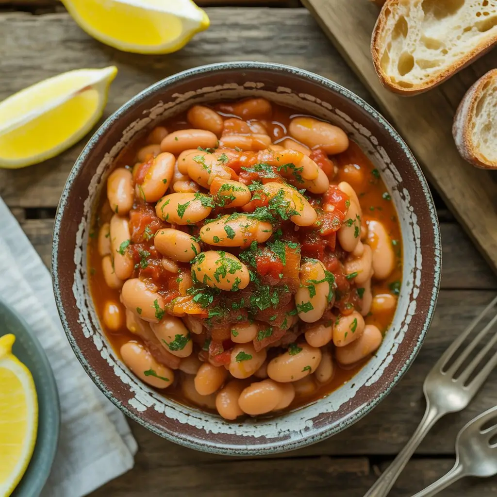 Overhead view of creamy butter beans in a rustic tomato-herb sauce, topped with parsley in a vintage bowl on a wooden table, with lemon wedges and sliced sourdough bread on the side.