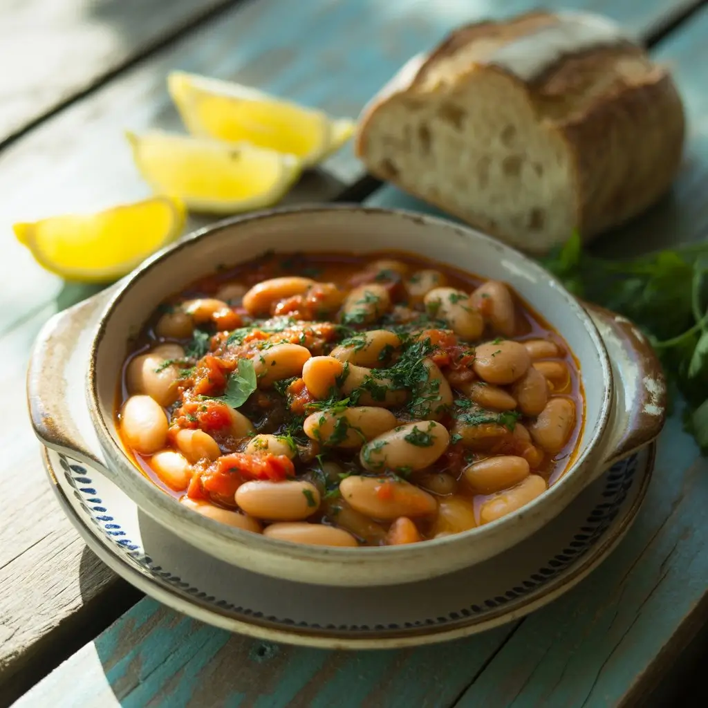 Overhead view of creamy beans in herb-tomato sauce, parsley-topped, with lemon wedges and sourdough on a rustic wooden table.