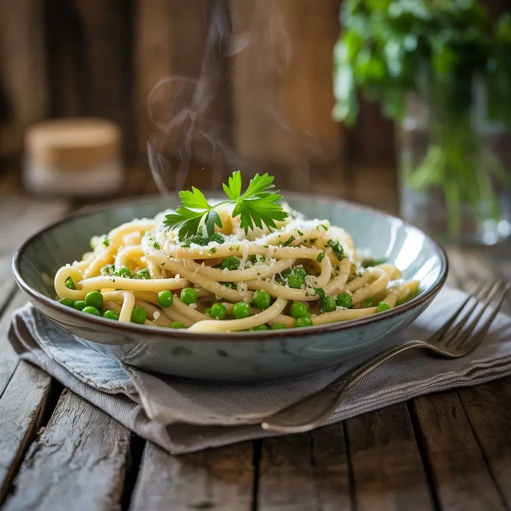 Top-down view of a rustic Italian-style meal with a steaming bowl of food garnished with grated cheese and fresh herbs, set on a wooden table beside a vintage spoon, neatly folded linen napkin, and a small olive oil bottle in soft natural light and cozy ambiance.