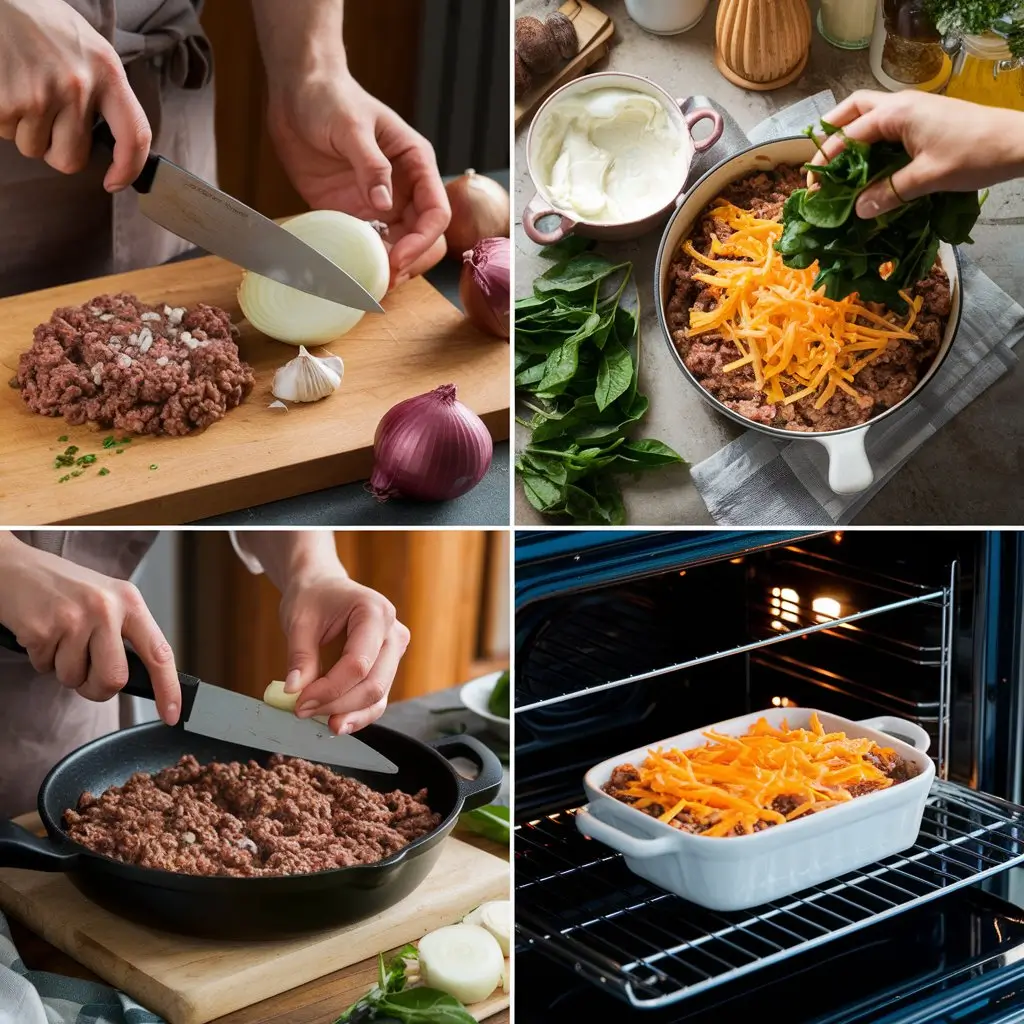 Step-by-step kitchen scene of preparing a casserole: chopping onion and garlic, browning beef, adding cream cheese and spinach, filling a dish, topping with cheddar, and baking with golden bubbling cheese.