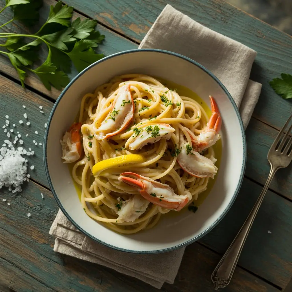 Gourmet crab linguine with fresh herbs and lemon zest, served in a bowl on a rustic table under warm lighting.