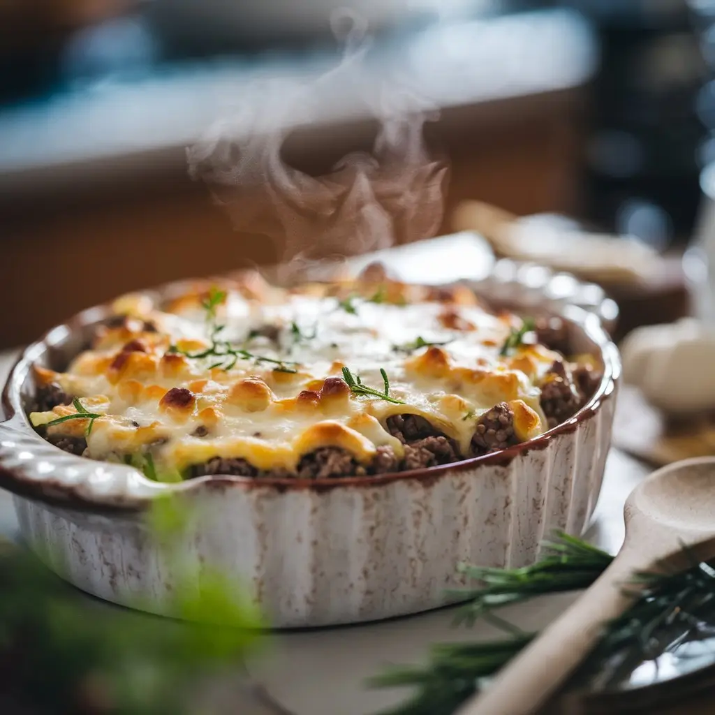 A golden-brown casserole with melted cheese and fresh herbs, placed on a rustic kitchen table with bright lighting, giving a cozy lunch vibe.