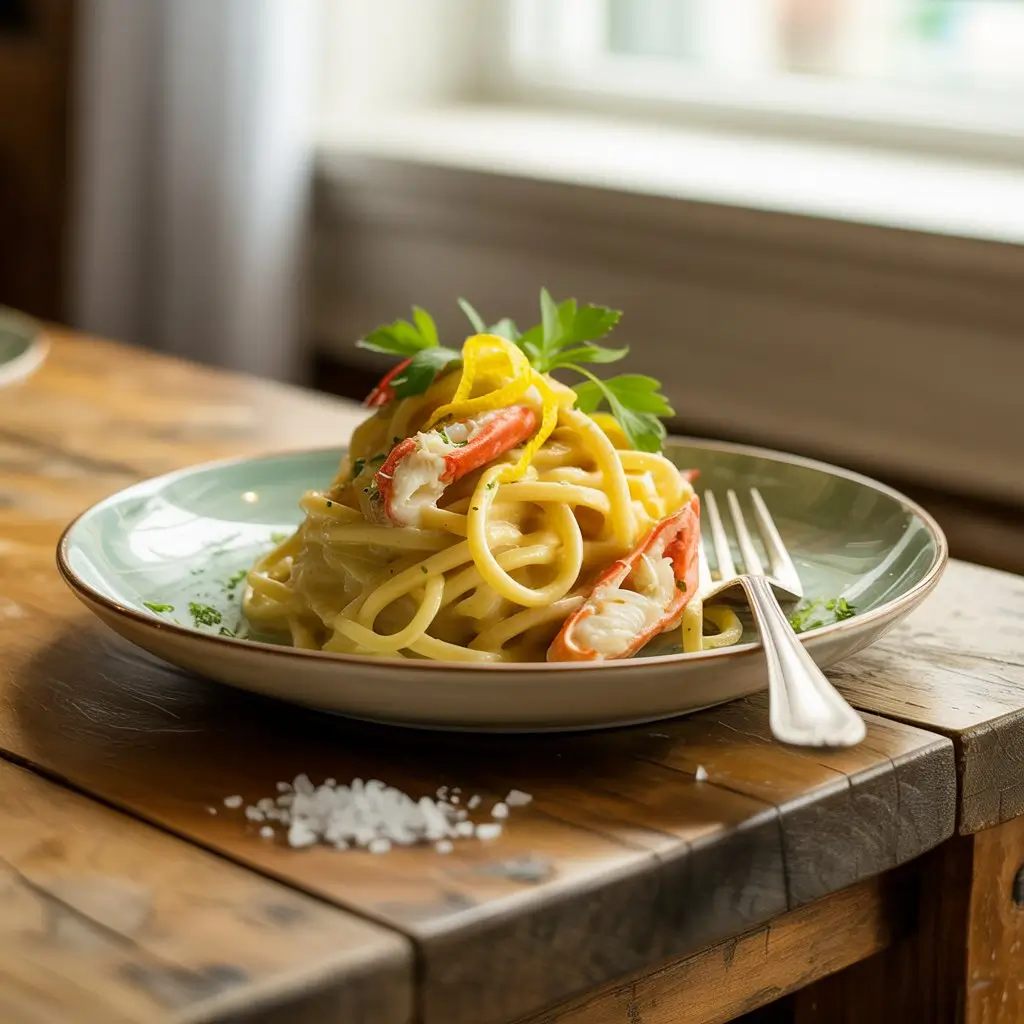 Overhead view of creamy crab pasta in a bowl, garnished with lemon zest and parsley on a rustic wooden table.