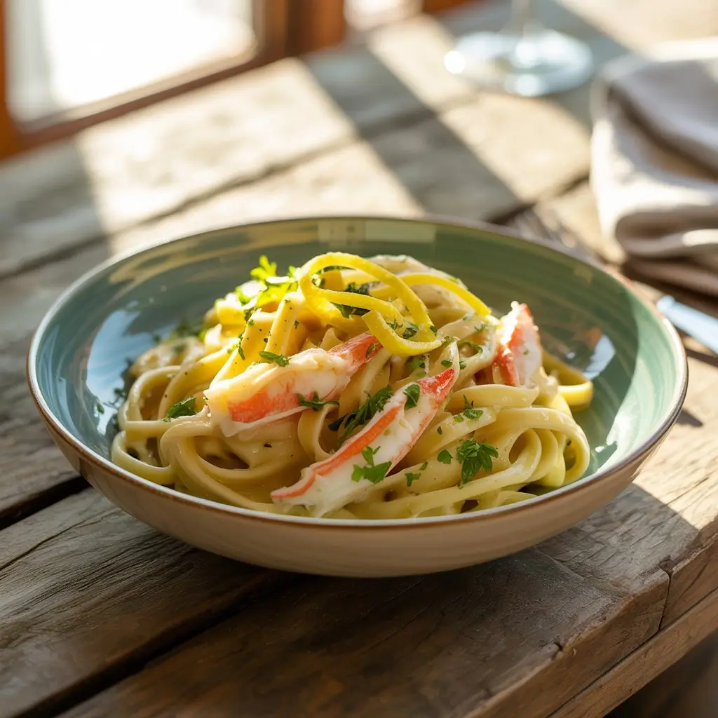 Creamy linguine with fresh crab meat, topped with lemon zest and parsley, served in a bowl on a rustic wooden table, captured in warm, natural light from above.