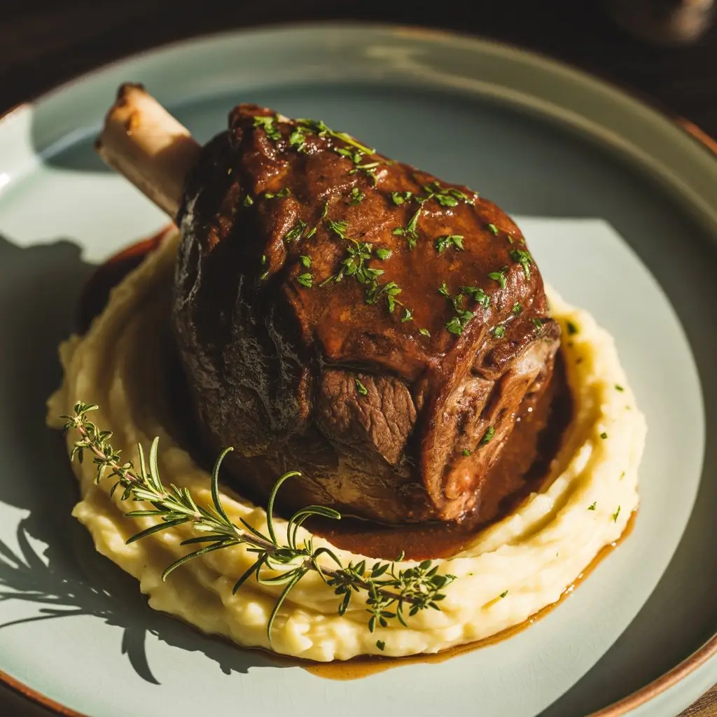 Juicy beef shank in rich gravy, garnished with fresh parsley.