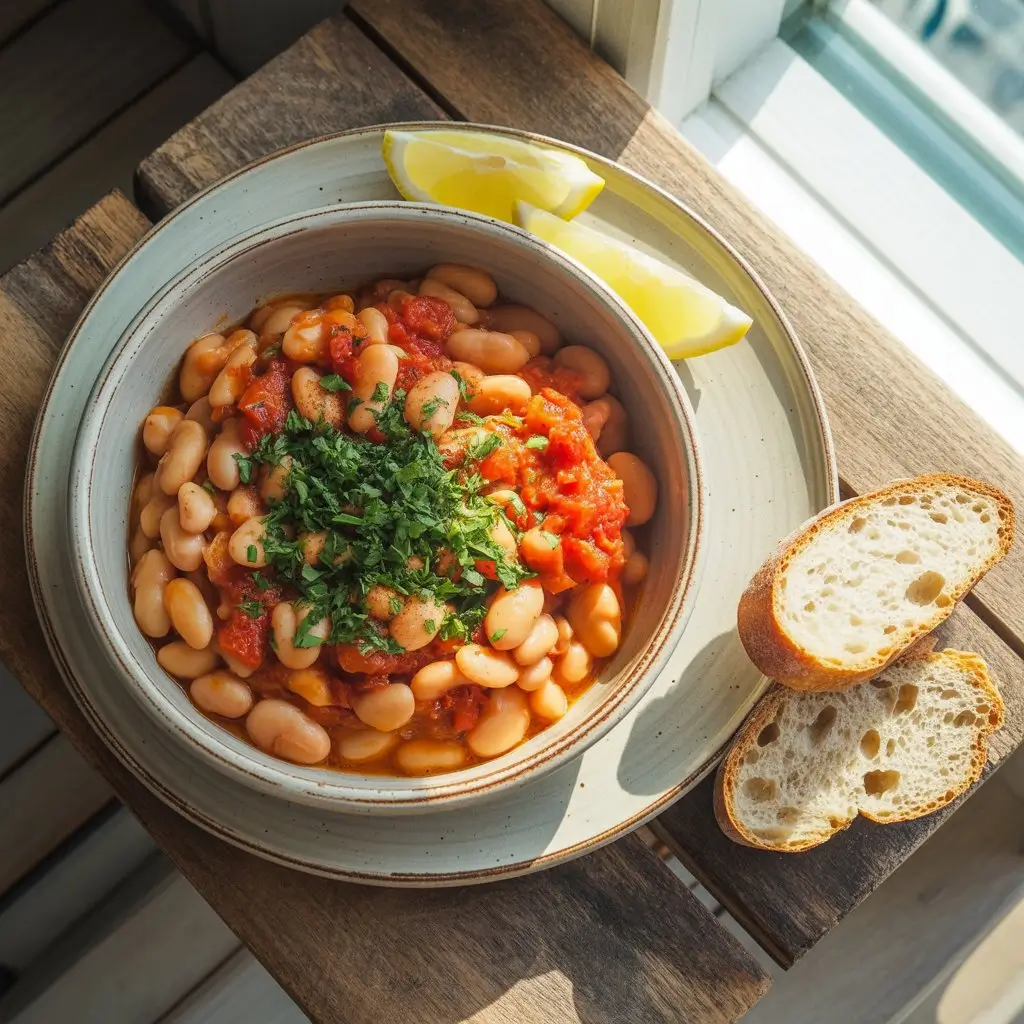 Overhead shot of creamy butter beans in a rustic tomato-herb sauce, sprinkled with fresh parsley in a vintage bowl on a wooden table, flanked by lemon wedges and sliced sourdough bread.