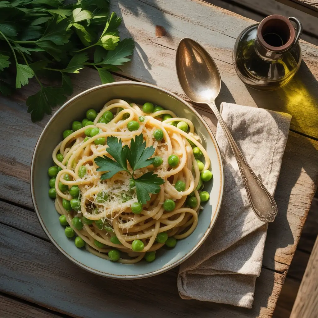 Top-down view of a rustic Italian lunch with a steaming bowl of pasta and peas, topped with Parmesan and parsley, on a wooden table with a vintage spoon, linen napkin, and olive oil bottle in soft natural light.