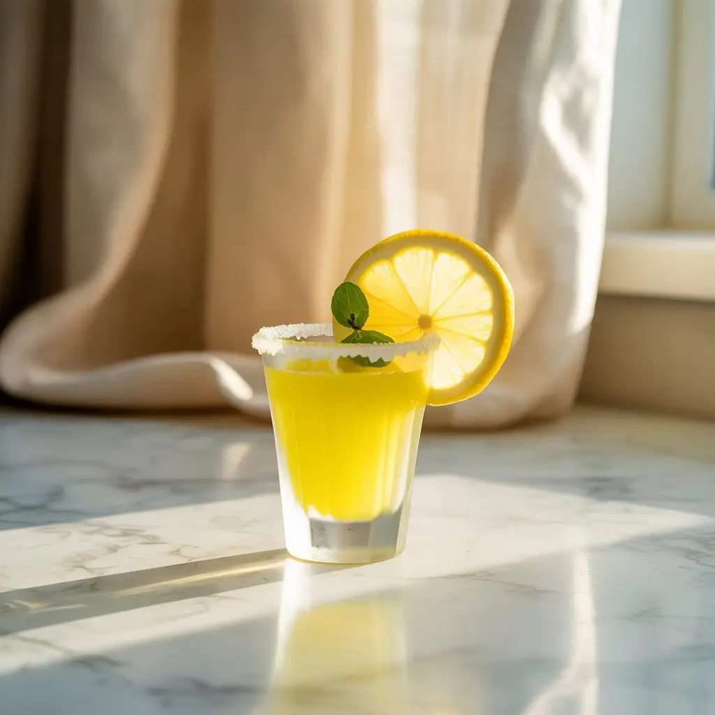 Ultra-realistic photo of a zesty lemon drop shot in a frosted glass with a sugar rim and lemon slice, styled on a white marble countertop in morning sunlight with a minimalist background.