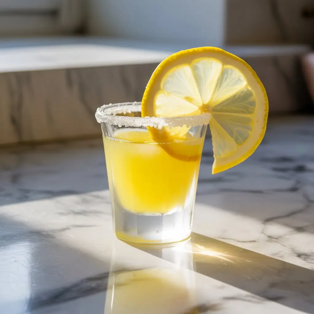 Ultra-realistic photo of a bright, citrusy cocktail in a frosted shot glass with a sugar rim and lemon slice, set on a white marble countertop in morning sunlight with a minimalist background.