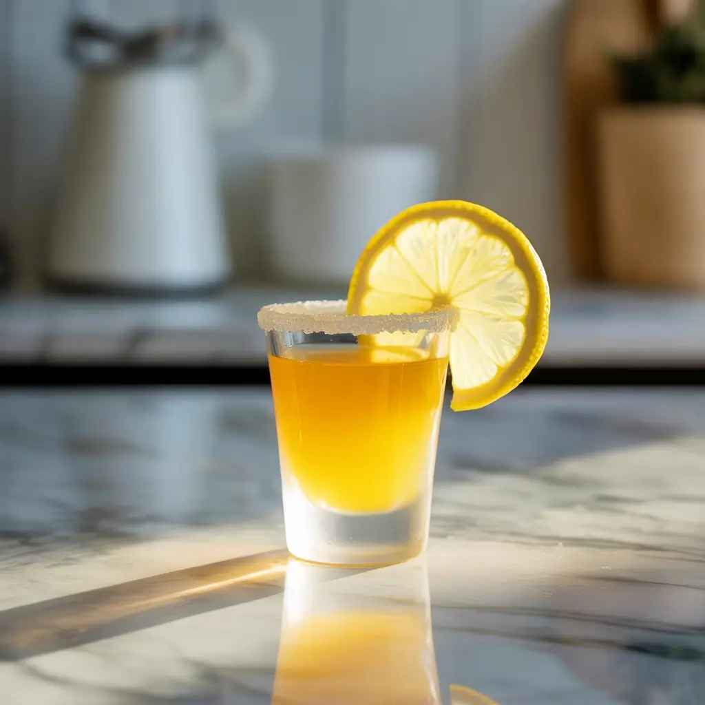 Zesty citrus cocktail in a frosted shot glass with sugar rim and lemon slice, on a sunlit marble countertop with a minimalist morning setting.