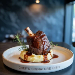 A rustic-style plated beef shank dish with rich brown gravy, served with creamy mashed potatoes and sautéed vegetables, garnished with fresh herbs – warm lighting, shallow depth of field, professional food photography