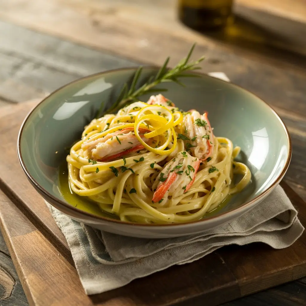 Creamy noodles with fresh herbs and citrus zest, viewed from above on a rustic wooden table.