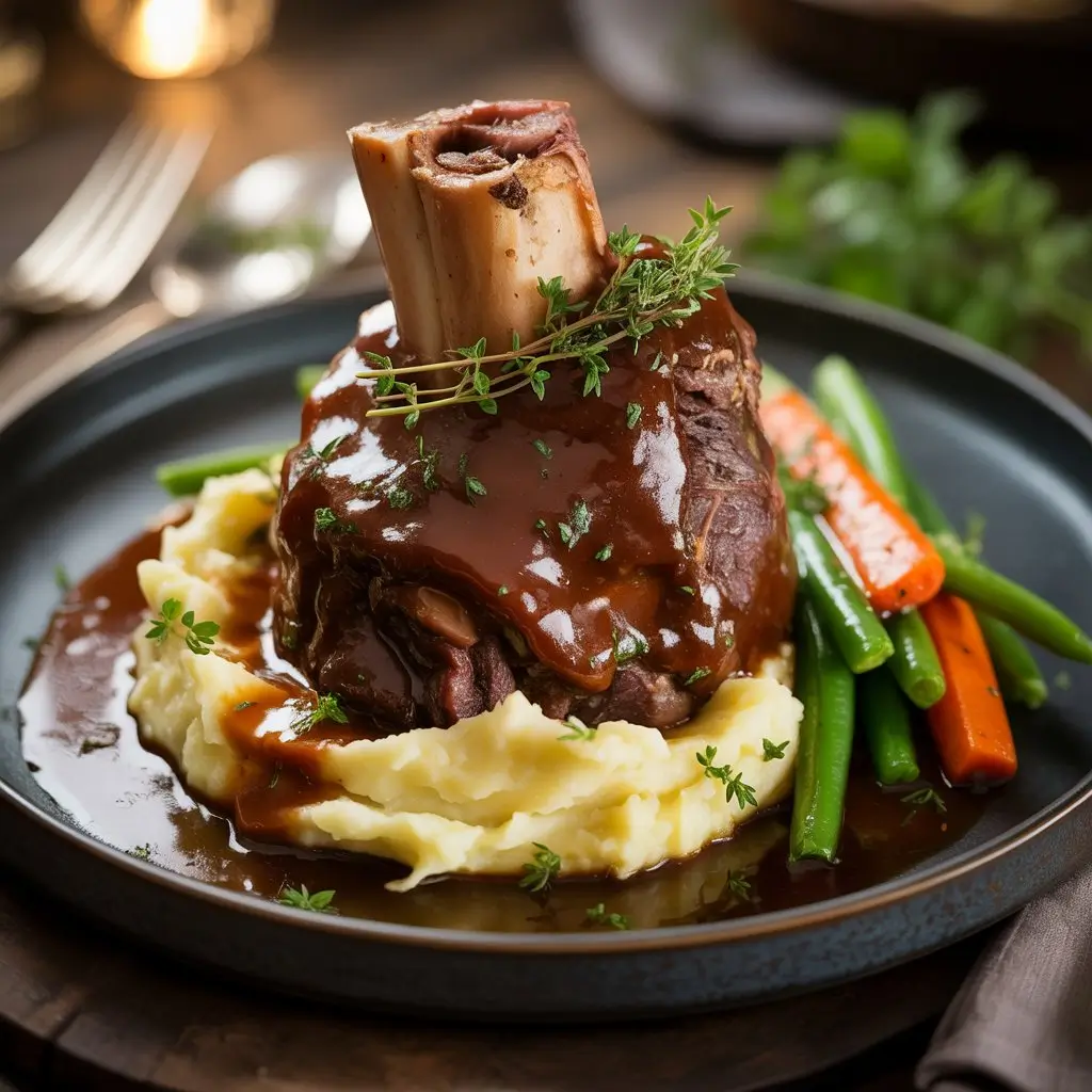 Tender braised beef shank served with vegetables and rich gravy on a plate.