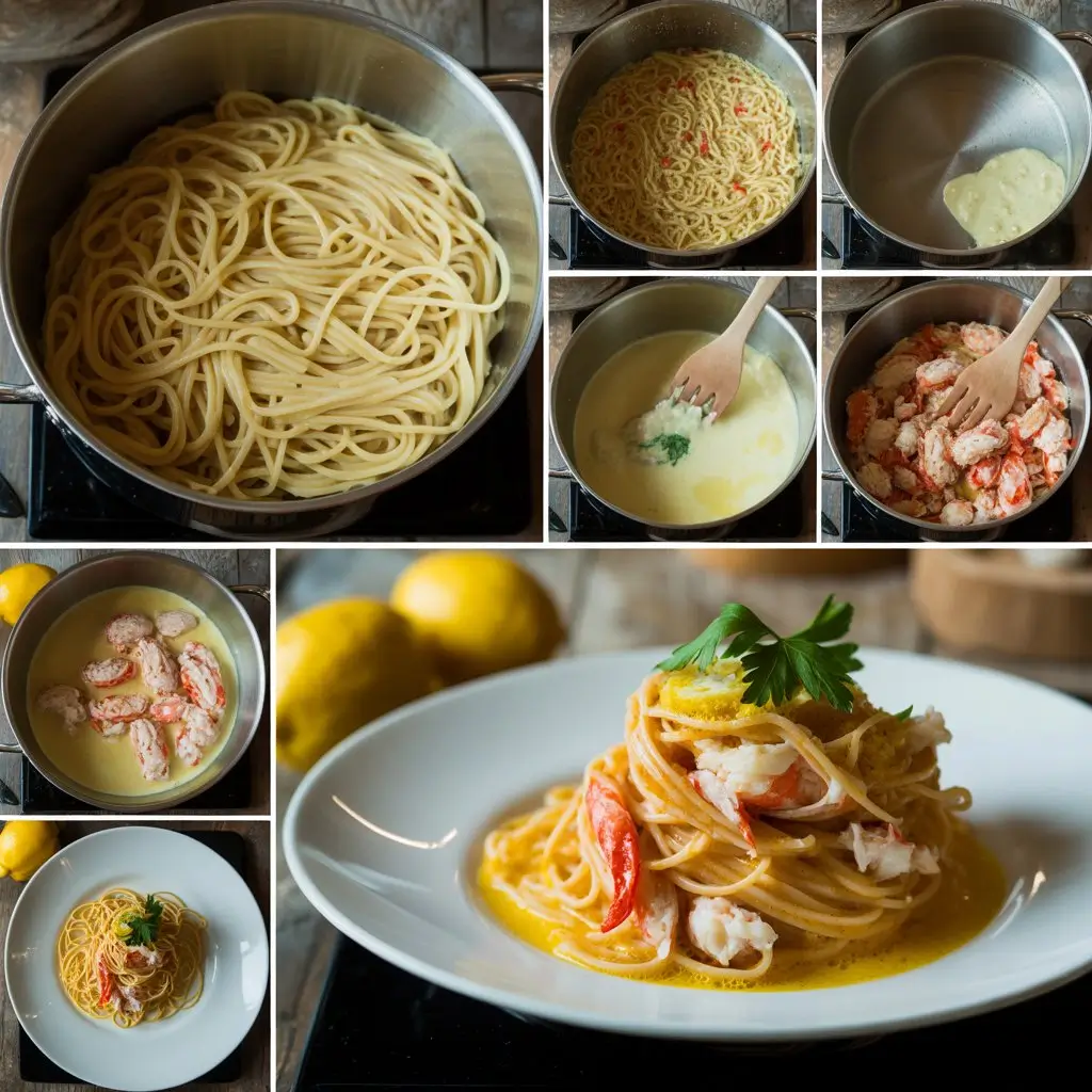 Seven-panel photo collage showing step-by-step crab pasta cooking: boiling linguine, sautéing garlic, deglazing with wine, simmering lemon sauce, adding crab meat, tossing pasta, and final plated dish with garnish.