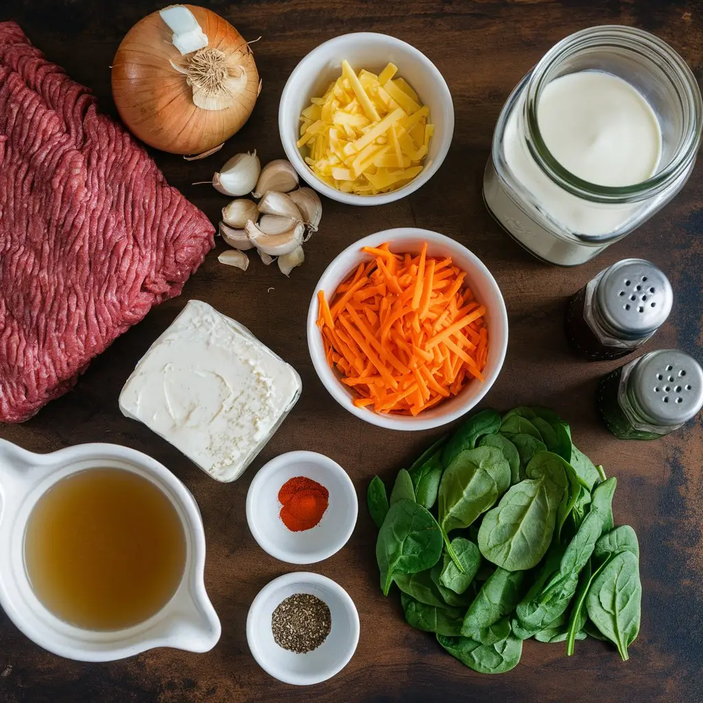 Overhead view of keto casserole ingredients on a rustic kitchen counter, including ground beef, cheese, spinach, spices, and cream, with natural lighting.