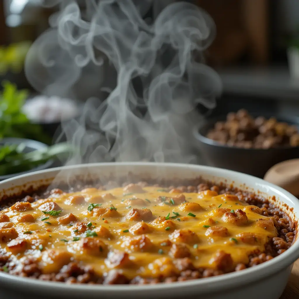 Close-up of a freshly baked dish with golden melted cheddar and parsley on top, showing browned beef beneath, placed on a rustic wooden table with warm natural lighting.