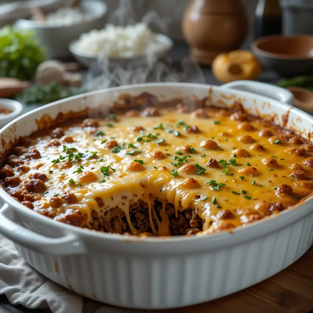 A beautifully baked casserole with golden melted cheese and fresh herbs, set on a rustic kitchen table with bright lighting, creating a cozy lunch vibe.