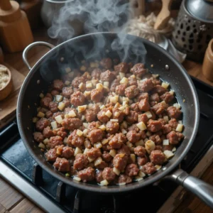 Overhead view of ground beef sizzling in a pan with diced onions and garlic, steam rising, in a warmly lit kitchen with rustic utensils nearby.