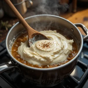 Saucepan on a stove with cream cheese, heavy cream, and beef broth melting together, stirred with a wooden spoon as a creamy sauce forms, with herbs and spices on top in a cozy kitchen setting.