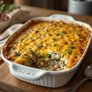 Casserole dish with creamy beef and spinach mixture topped with melted cheddar cheese, fresh from the oven with bubbling edges, on a wooden table in a warmly lit kitchen setting.