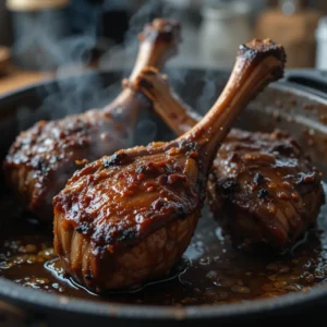 Close-up of searing beef shanks in a cast-iron Dutch oven with caramelized edges and sizzling oil – kitchen lighting, rustic cooking setup