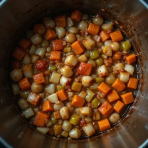 Sautéed mirepoix (onion, celery, carrots) with tomato paste in a Dutch oven, golden and aromatic – overhead cooking shot, moody lighting