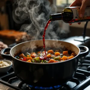 Pouring red wine into a Dutch oven with sautéed vegetables, steam rising – cozy kitchen ambiance