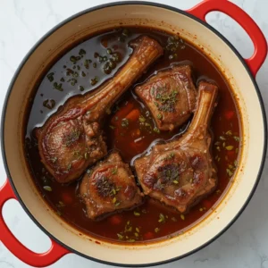 Beef shanks submerged in rich broth with herbs floating, inside a Dutch oven – warm tones, top-down view