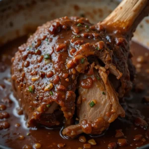 Close-up of slow-cooked beef shank falling off the bone in a rich, glossy sauce – comfort food photography