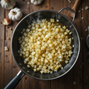 Overhead close-up of diced onions sizzling in golden olive oil in a skillet, steam rising, with garlic cloves and wooden spoon on a rustic wood backdrop.