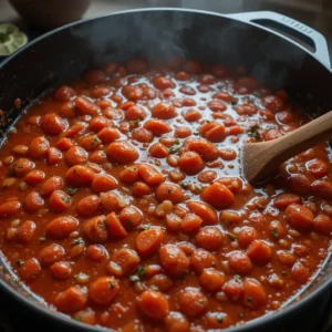 Cast-iron skillet of crushed tomatoes and vegetable broth gently bubbling with herbs, red sauce glowing under soft light, wooden spoon resting on the rim.