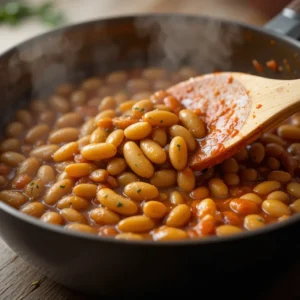 Close-up of butter beans being stirred into a tomato-herb skillet sauce with a wooden spatula, beans glistening amid rising steam in warm, homestyle tones.