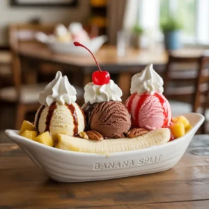 Decadent banana split with three ice cream scoops, whipped cream, syrups, nuts, cherry, and sprinkles in a glass dish on a rustic wooden table.