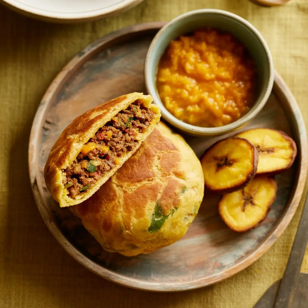 Jamaican beef patty cut in half on a rustic wooden plate, showing spicy beef filling, served with mango chutney and fried plantains in a vibrant Caribbean dinner setting.