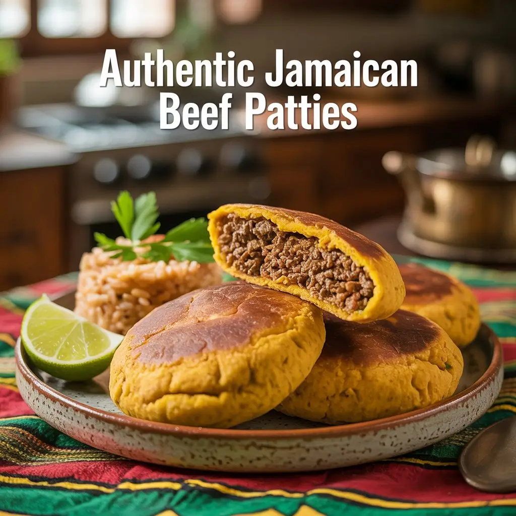 Golden, flaky pastries filled with spiced ground meat, served with rice and peas on a rustic plate, garnished with lime and herbs, set on a vibrant Caribbean tablecloth.