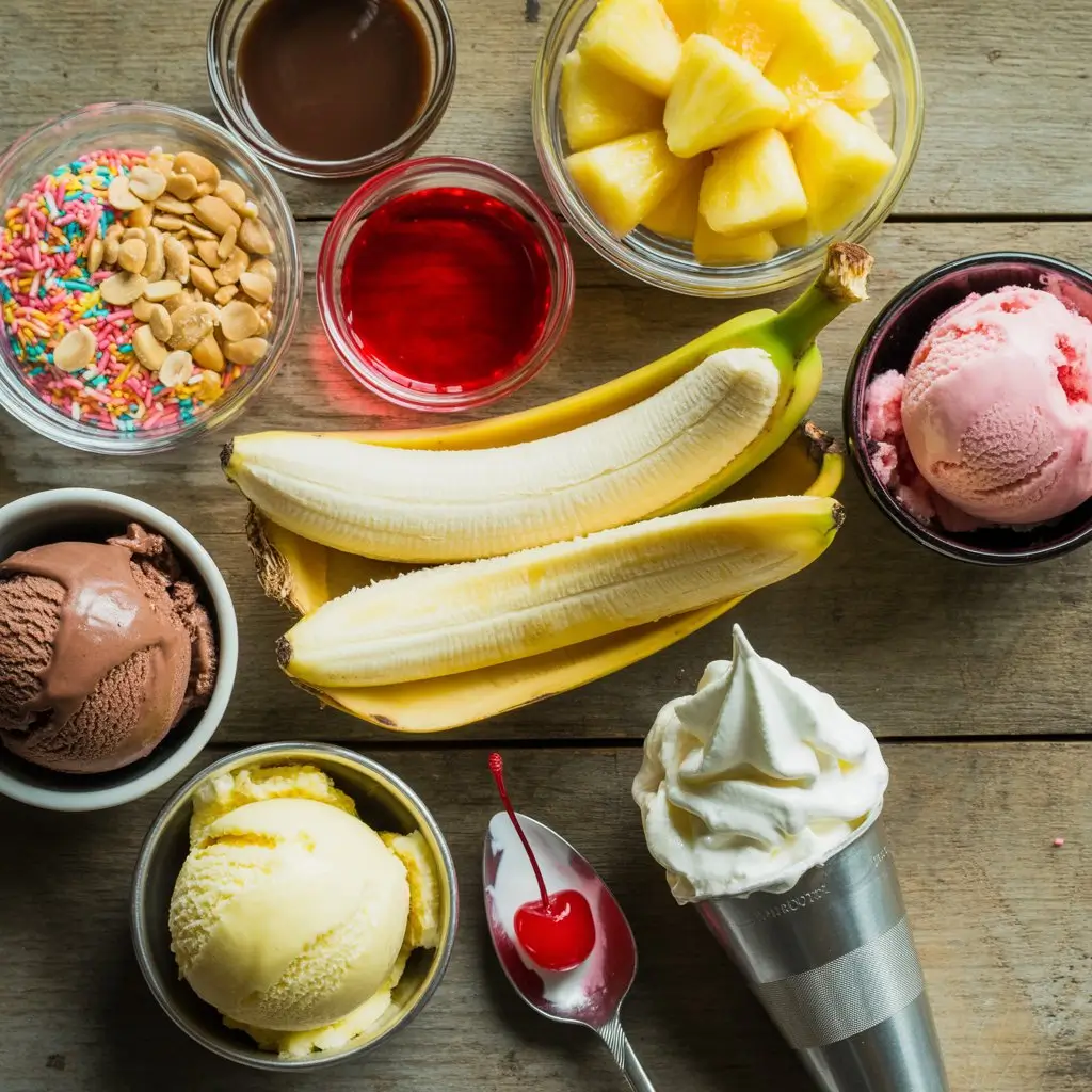 Flat lay of banana split ingredients on a rustic wooden table, including a sliced ripe banana, scoops of vanilla, chocolate, and strawberry ice cream in bowls, chocolate and strawberry syrup, pineapple chunks, crushed peanuts, sprinkles, whipped cream in a piping bag, and a maraschino cherry on a spoon, captured in bright natural lighting.