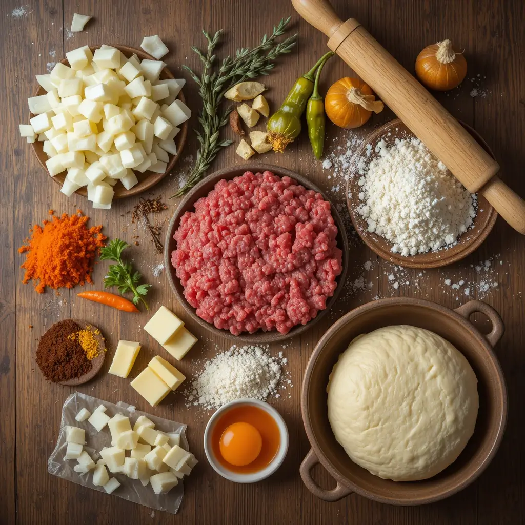 Flat lay of vibrant cooking ingredients including spices, ground meat, herbs, dough, and baking tools on a wooden counter in warm natural kitchen lighting.