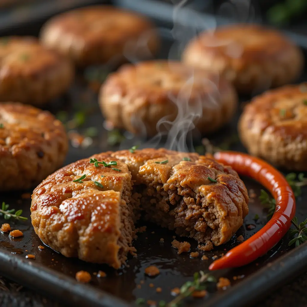 Close-up of golden, flaky pastries on a dark tray, one opened to reveal steaming spiced filling, with thyme and peppers as garnish under warm, moody lighting.