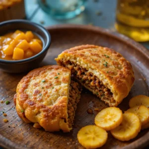 Golden Jamaican beef patty cut open on a rustic plate, showing spiced beef filling, served with mango chutney and plantains in a tropical dinner setting.