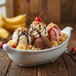 Close-up of a classic banana split dessert in a white dish with three ice cream scoops (vanilla, chocolate, strawberry), topped with whipped cream, chocolate and strawberry syrup, crushed nuts, pineapple chunks, cherries, and banana halves, on a rustic wooden table with soft natural lighting.